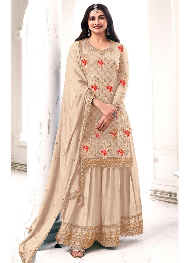 Chinnon Beige Wedding Wear Printed Plazzo Suit